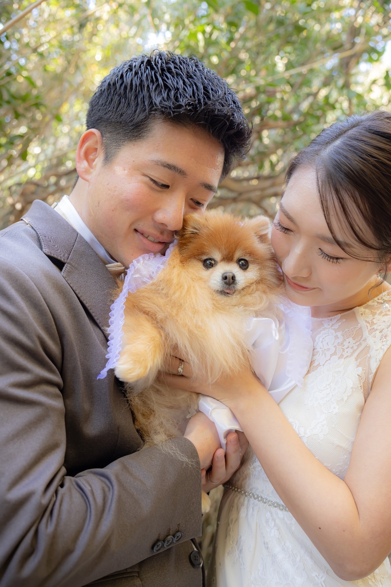 城ヶ島の木々の中で愛犬を囲み優しく見つめる新郎新婦の自然なウェディングフォト